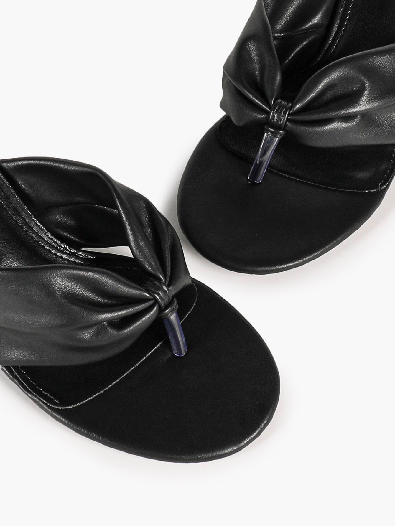 Black Ruched Leather Thong Mules Gathered Knot Kitten Heels Slip-On Office Casual Shoes
