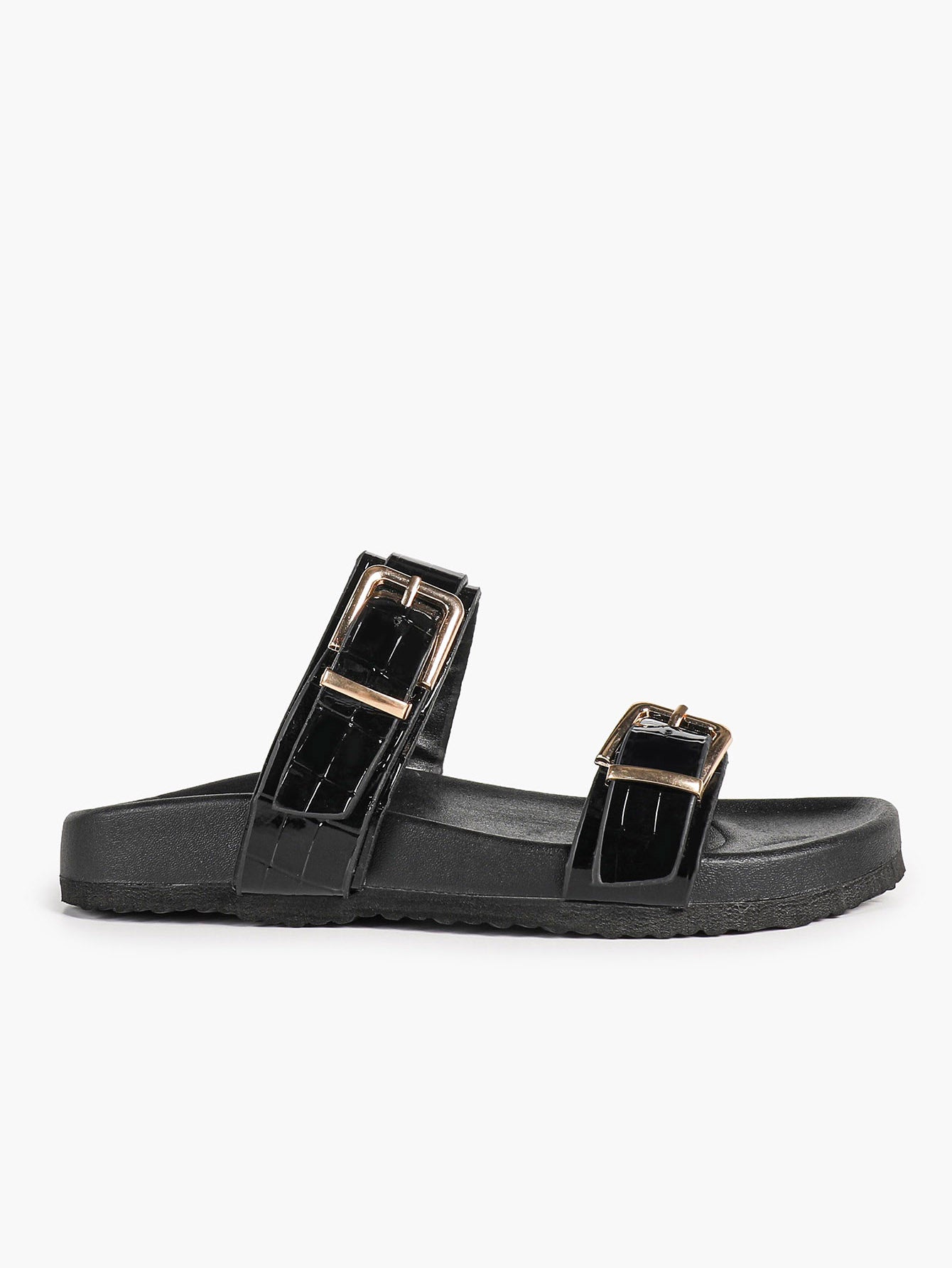 White Double-Buckle Platform Slide Sandals with Gold-Tone Hardware