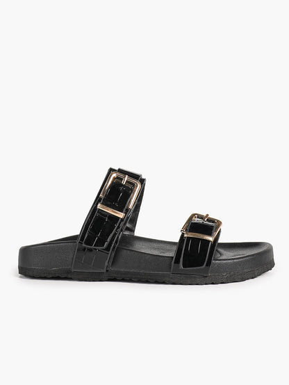 White Double-Buckle Platform Slide Sandals with Gold-Tone Hardware