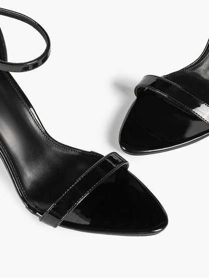 Black Patent Single Strap Stiletto Sandals Pointed Open Toe Ankle Buckle Heels Elegant Minimalist Shoes