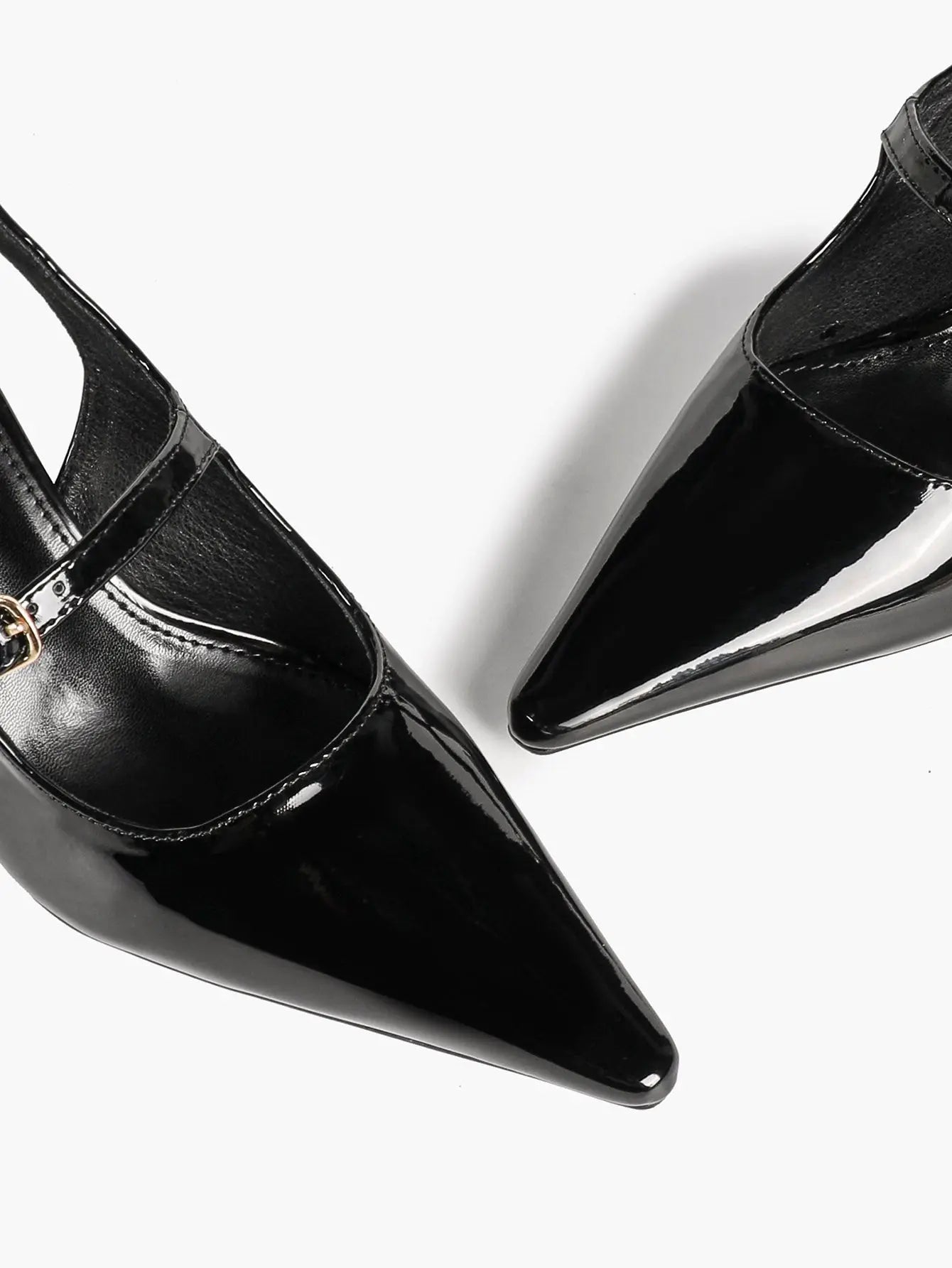 Black Slingback Pumps Patent Leather Pointed Toe Chunky High Heels Dress Shoes YISHIFAN