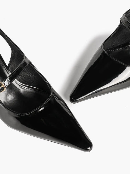 Black Slingback Pumps Patent Leather Pointed Toe Chunky High Heels Dress Shoes YISHIFAN