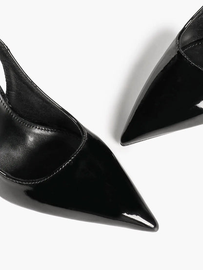Patent Leather Pointed-Toe Slingback Heels with Gold Buckle YISHIFAN