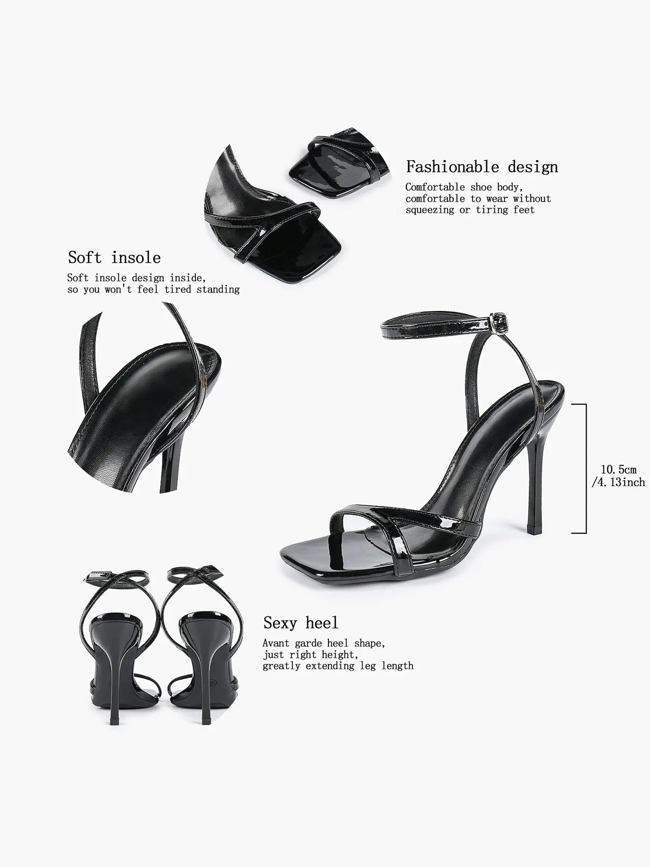 Women's Leather Adjustable Ankle Strap Stiletto Heels High Heels 4.13 Inch Heel Open Square Toe Sandals YISHIFAN