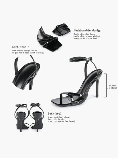 Women's Leather Adjustable Ankle Strap Stiletto Heels High Heels 4.13 Inch Heel Open Square Toe Sandals YISHIFAN