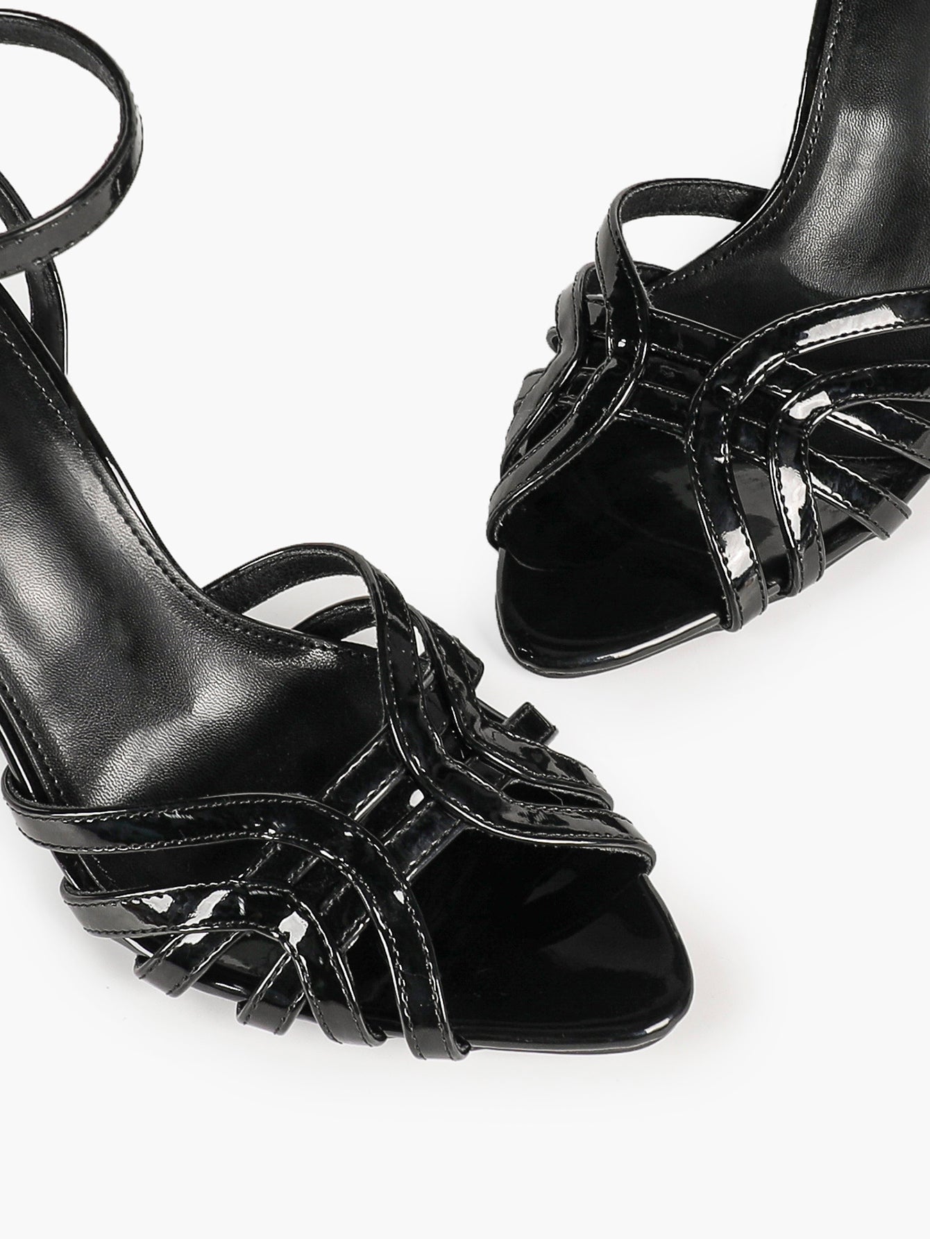 Black Patent Multi-Strap Stilettos Ankle Strap Open Toe Heeled Sandals Party Night Out Shoes