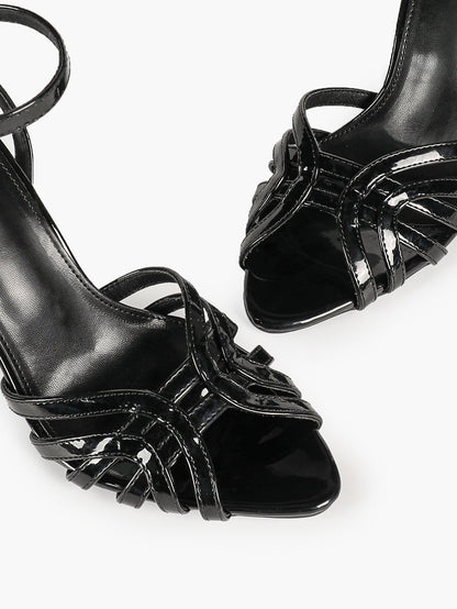 Black Patent Multi-Strap Stilettos Ankle Strap Open Toe Heeled Sandals Party Night Out Shoes