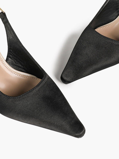 Black Satin Pointed Toe Slingback Pumps Beige Heel Contrast Strap Flared Heels Elegant Shoes