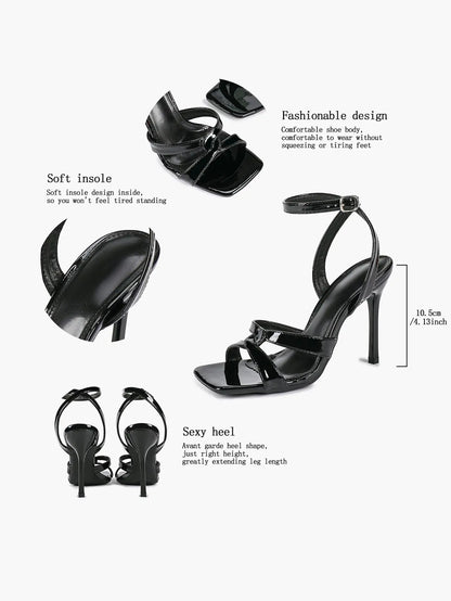 Women's Gold Leather Cross Strap Stiletto Heels 4.13 Inch Square Toe Ankle Strap Sandals YISHIFAN