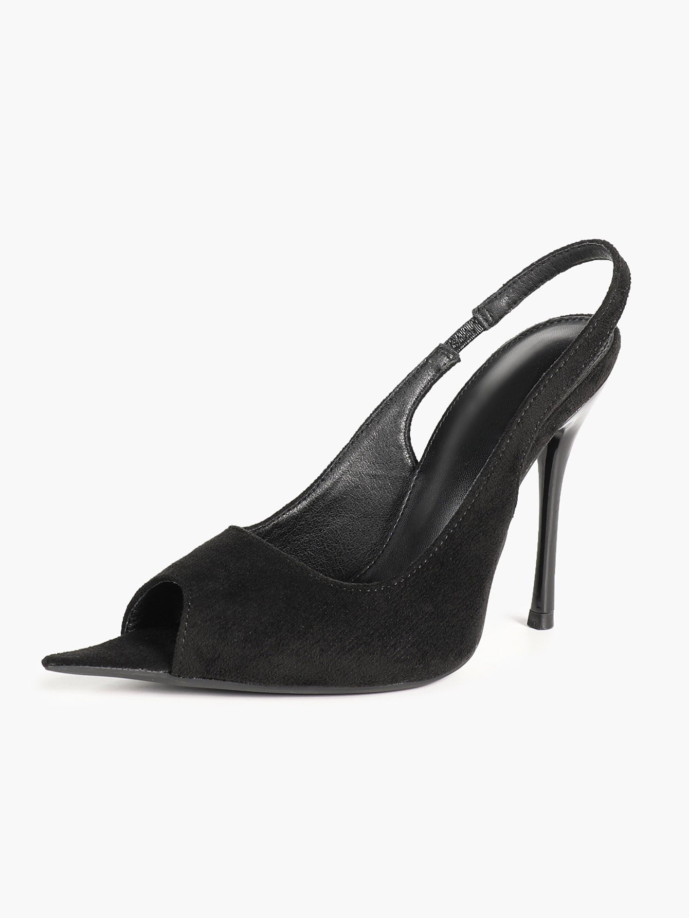 Women's Black Suede Pointed Peep Toe Stiletto Slingback Pumps Elastic Strap Office Shoes