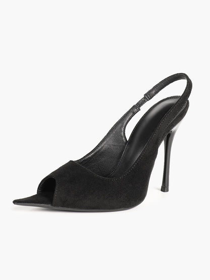 Women's Black Suede Pointed Peep Toe Stiletto Slingback Pumps Elastic Strap Office Shoes