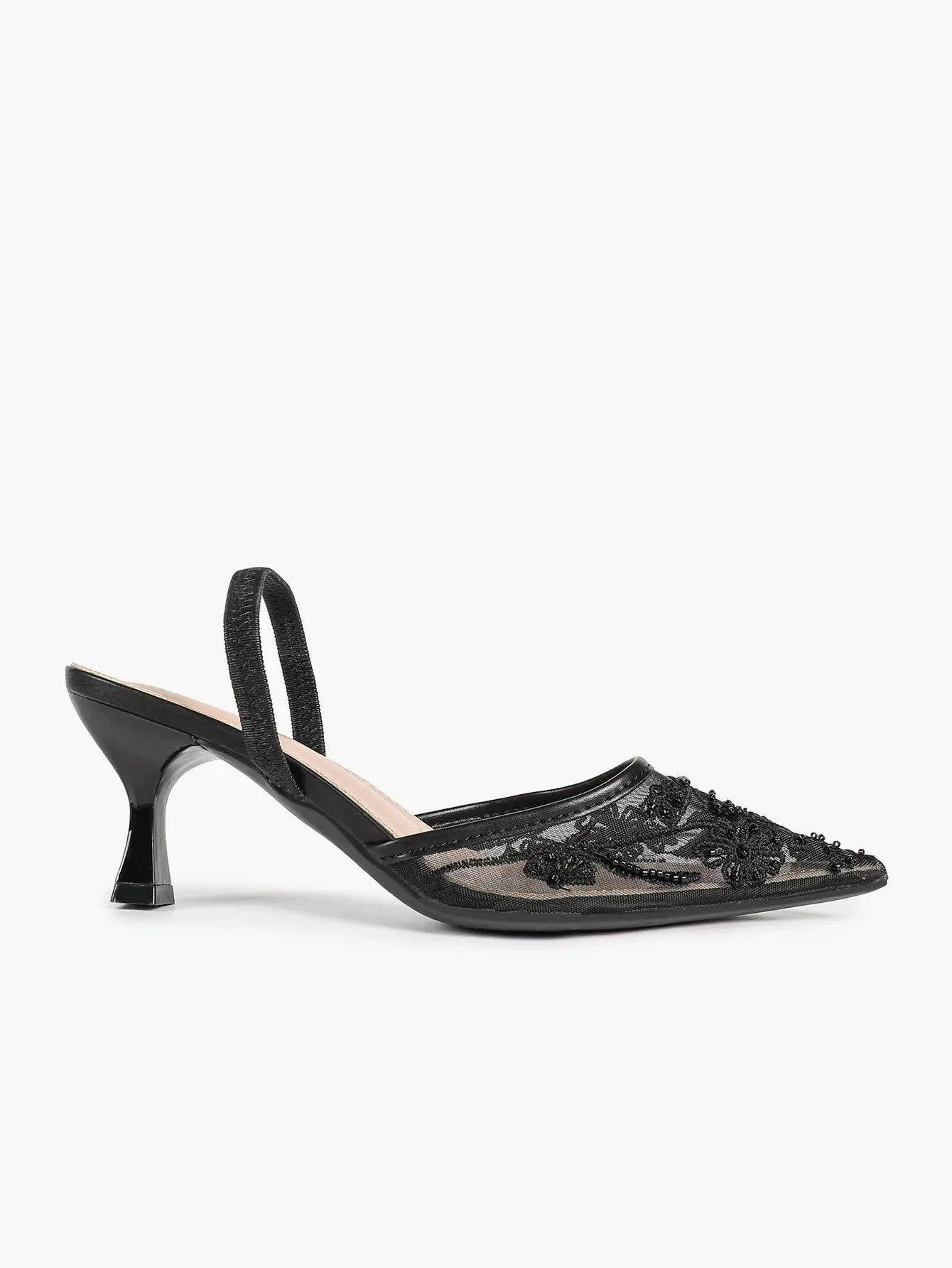 Black Mesh Floral Bead Embroidery Slingback Kitten Heels – Women's Pointed Toe Goblet Heel Mule YISHIFAN
