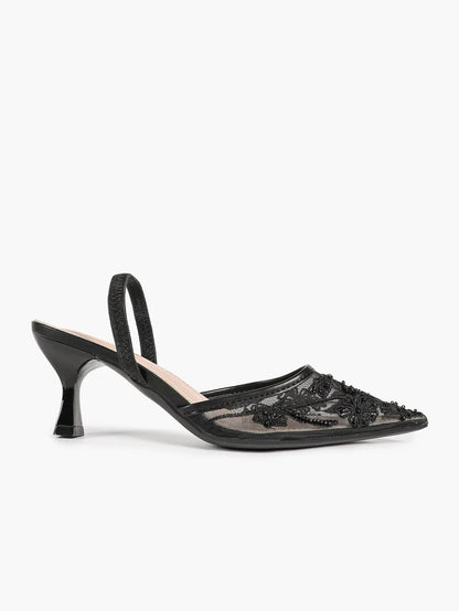 Black Mesh Floral Bead Embroidery Slingback Kitten Heels – Women's Pointed Toe Goblet Heel Mule YISHIFAN