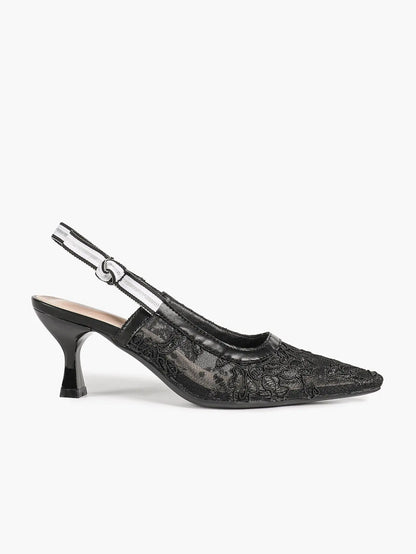 White Floral Embroidery Slingback Kitten Heels – Women's Pointed Toe Goblet Heel YISHIFAN