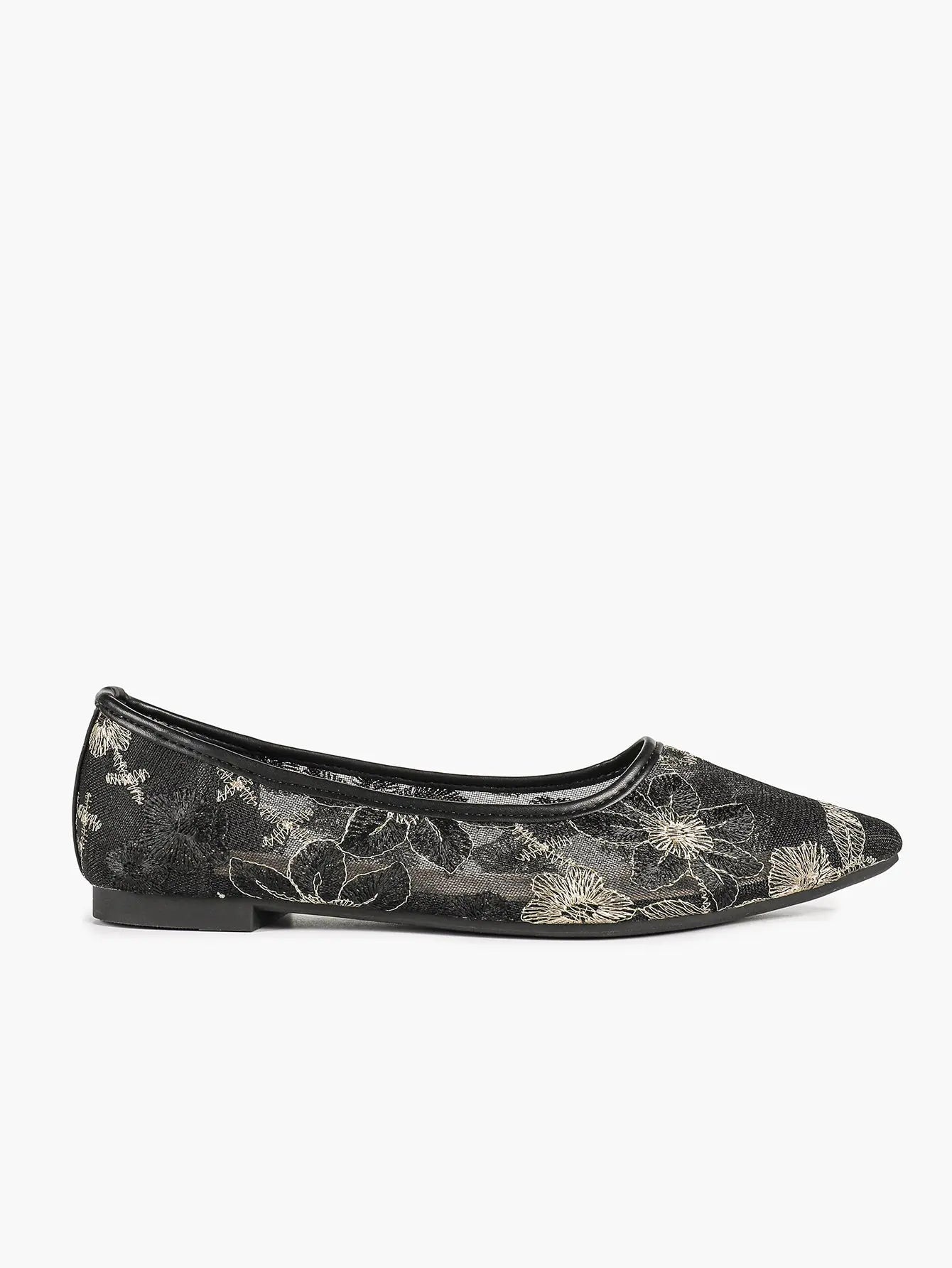 White & Gold Chrysanthemum Embroidery Mesh Pointed Toe Flats – Women's Metallic Floral Ballet Flat YISHIFAN