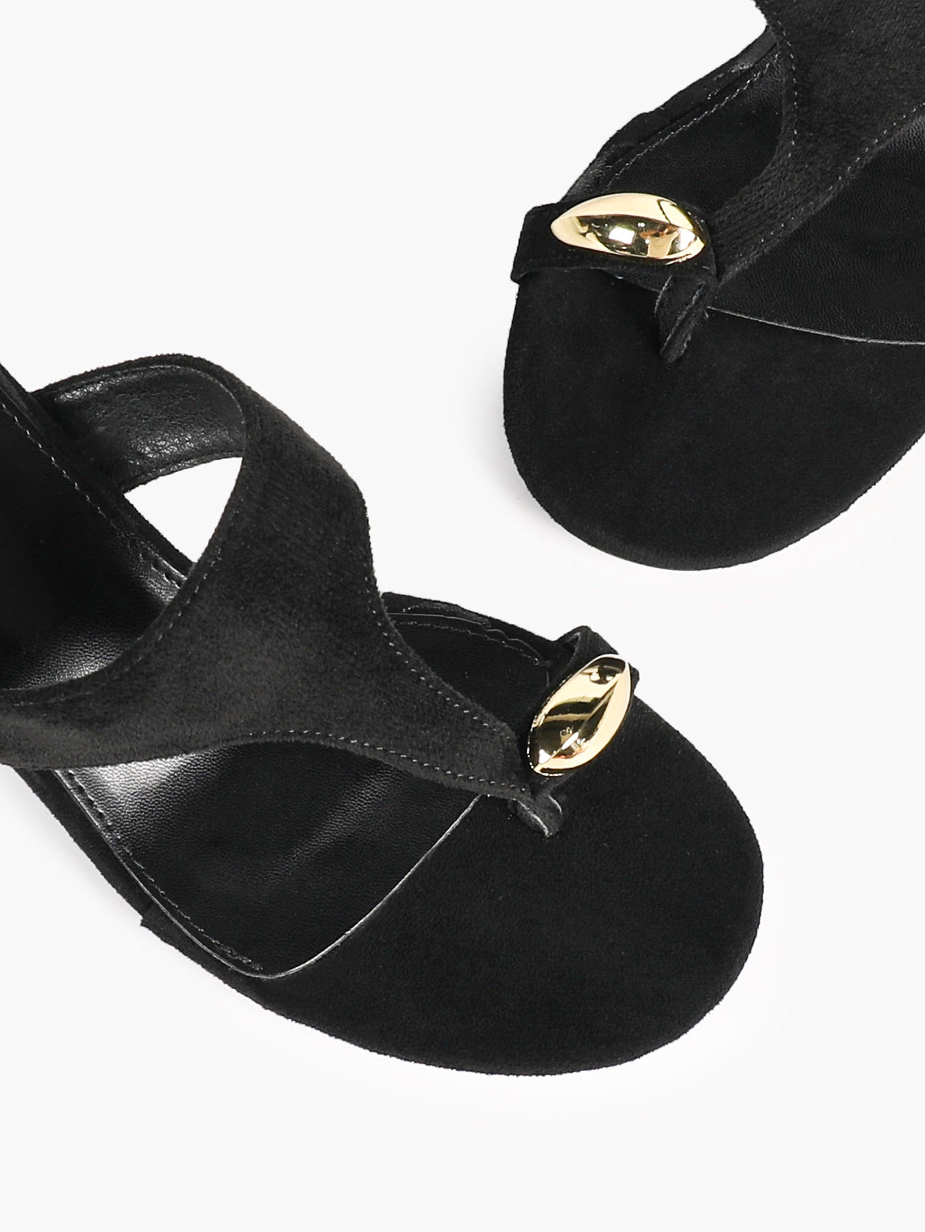 Black Suede Toe Post Heeled Sandals Wide Band Backless Mules with Gold Hardware Vacation