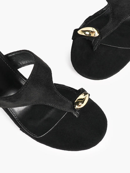Black Suede Toe Post Heeled Sandals Wide Band Backless Mules with Gold Hardware Vacation