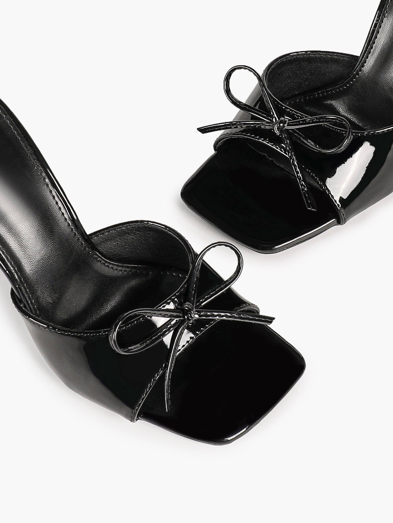 Black Patent Stiletto Mules - Square Toe with Cute Bow & Durable Sole