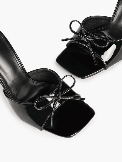 Black Patent Stiletto Mules - Square Toe with Cute Bow & Durable Sole