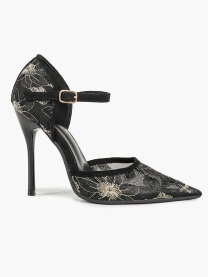 Sparkly Lace Pointed Toe Heels - 4.13" Ankle Strap Pumps with Non-Slip Sole