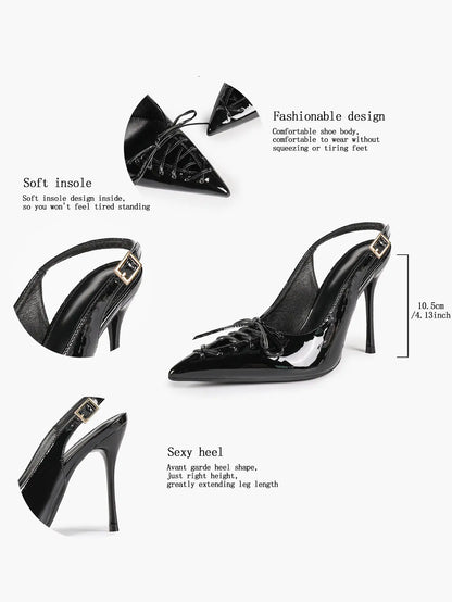 Cognac Lace-Up Oxford Pumps | 10.5cm Stiletto Heel, Chain Ankle Strap YISHIFAN