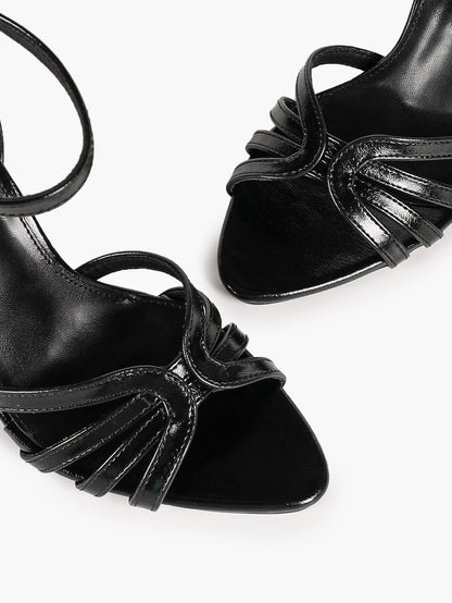 Women's Black Patent Knotted Strap Ankle Strap Block Heels Open Toe Dress Shoes