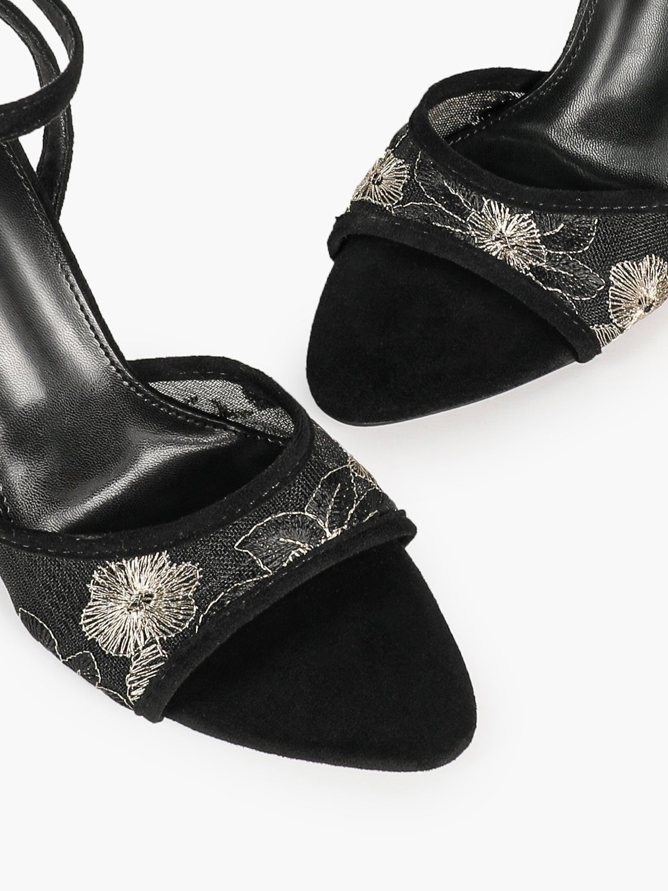 Cream Suede Trim Floral Sequin Strap Heels Ankle Buckle Pointed Open Toe Stilettos Chic Date Night Shoes