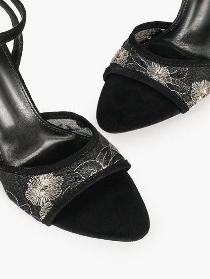 Cream Suede Trim Floral Sequin Strap Heels Ankle Buckle Pointed Open Toe Stilettos Chic Date Night Shoes