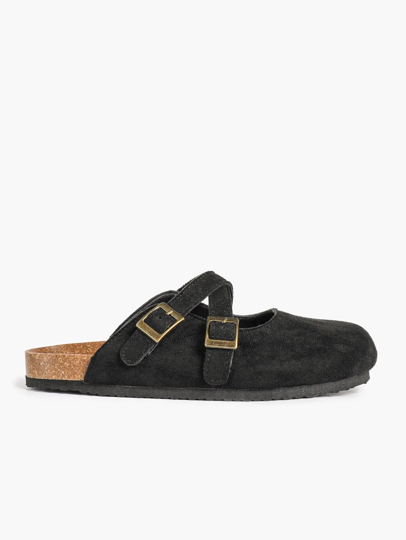 Black Suede Double Cross Strap Boston Clogs – Women's Cork Platform Closed Toe Mule with Antique Gold Buckles YISHIFAN