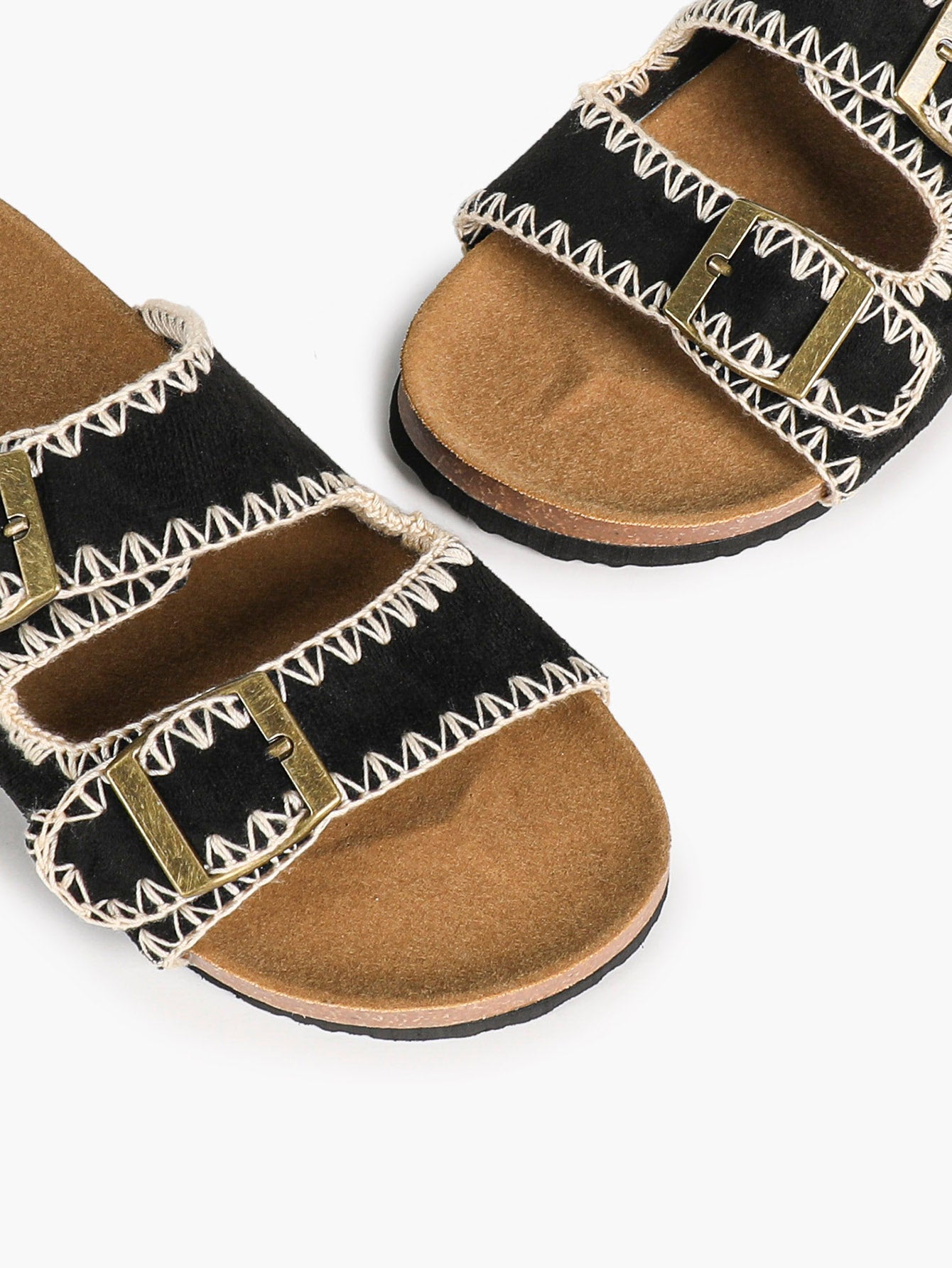 Taupe Suede-Effect Slides with Whipstitch Trim and Gold-Tone Buckles