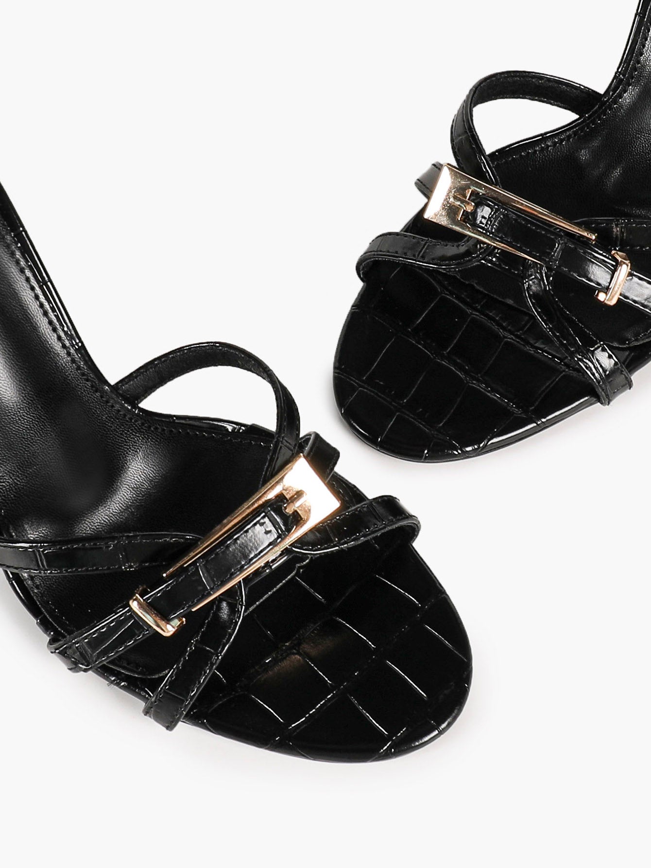 Black Croc Embossed Statement Buckle Stiletto Mules Slip-On Open Toe Party Shoes