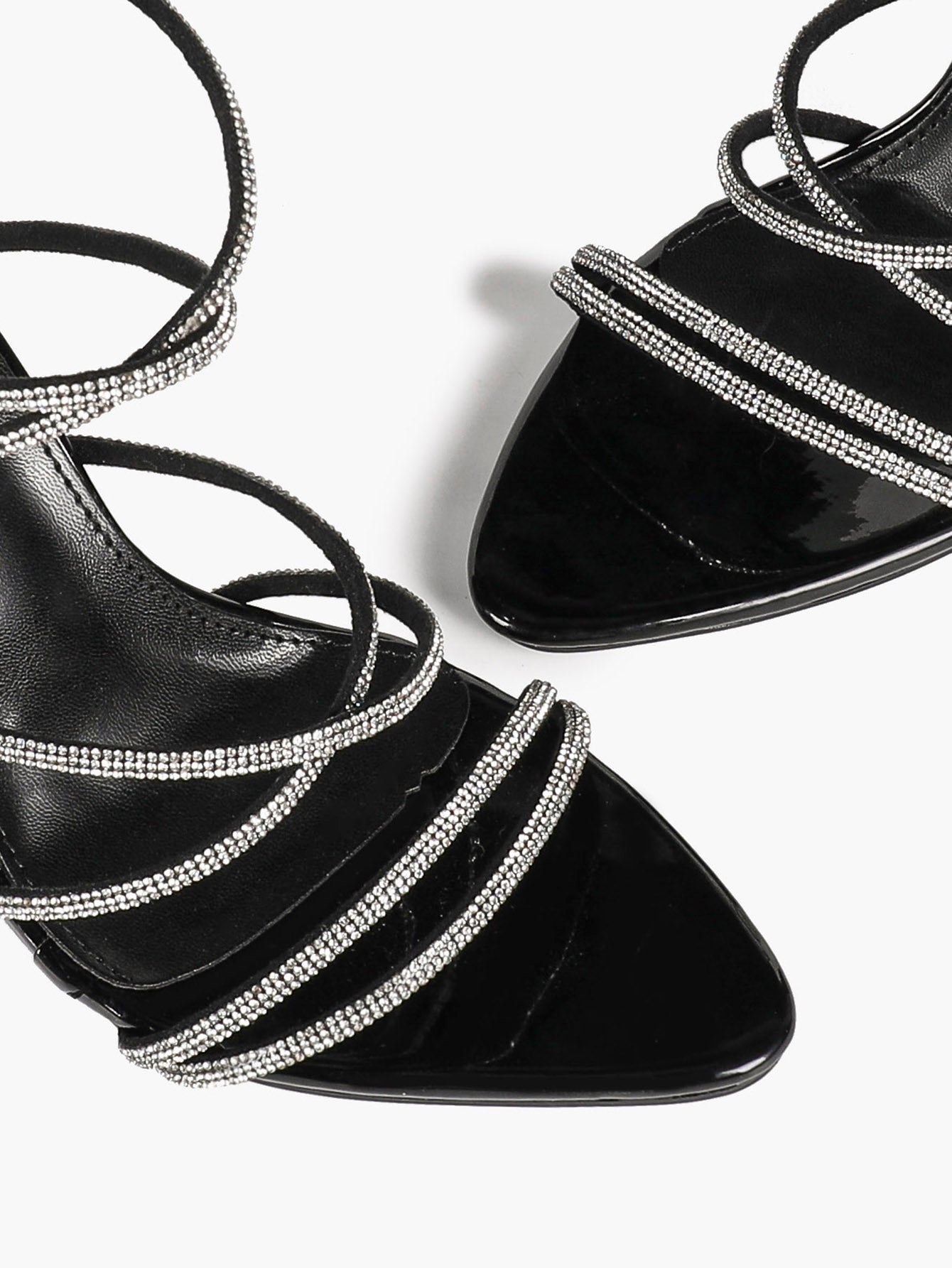 Black Patent Rhinestone Wraparound Strap Sandals Pointed Open Toe Stiletto Heels Night Out Party Shoes