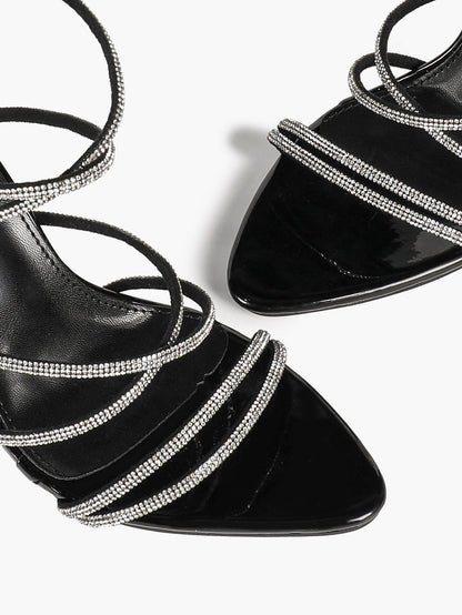Black Patent Rhinestone Wraparound Strap Sandals Pointed Open Toe Stiletto Heels Night Out Party Shoes