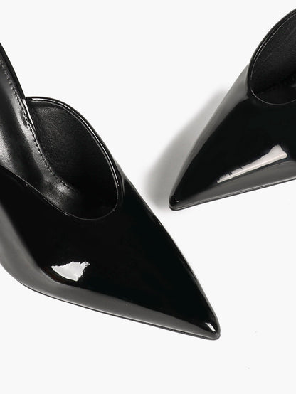 Trendy Black Patent Stiletto Mules - Pointed Toe Slip-On Heels for Modern Chic