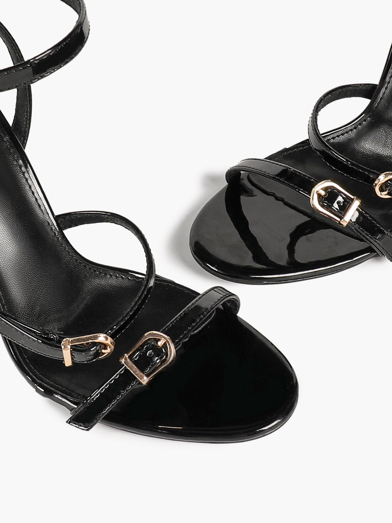 Black Patent Leather Open Toe Stiletto Sandals Ankle Strap with Double Buckles Tiered Heels Chic Daily Wear