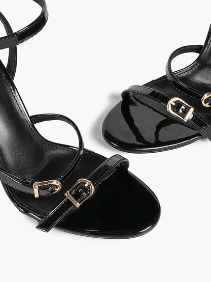 Black Patent Leather Open Toe Stiletto Sandals Ankle Strap with Double Buckles Tiered Heels Chic Daily Wear