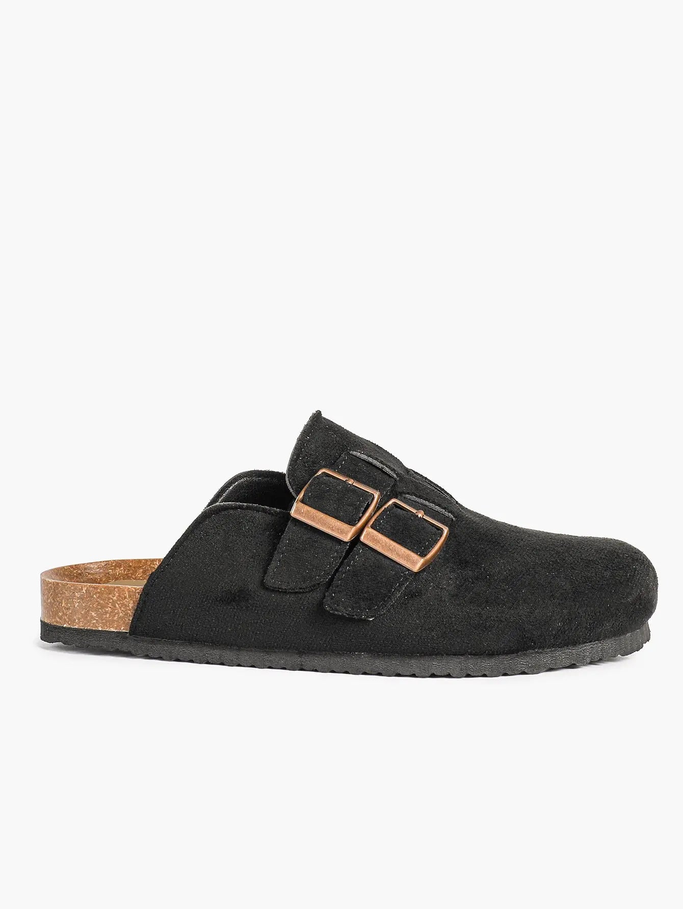 Gray Suede Double Buckle Boston Clogs  Closed Toe Cork Mule with Bronze Hardware YISHIFAN