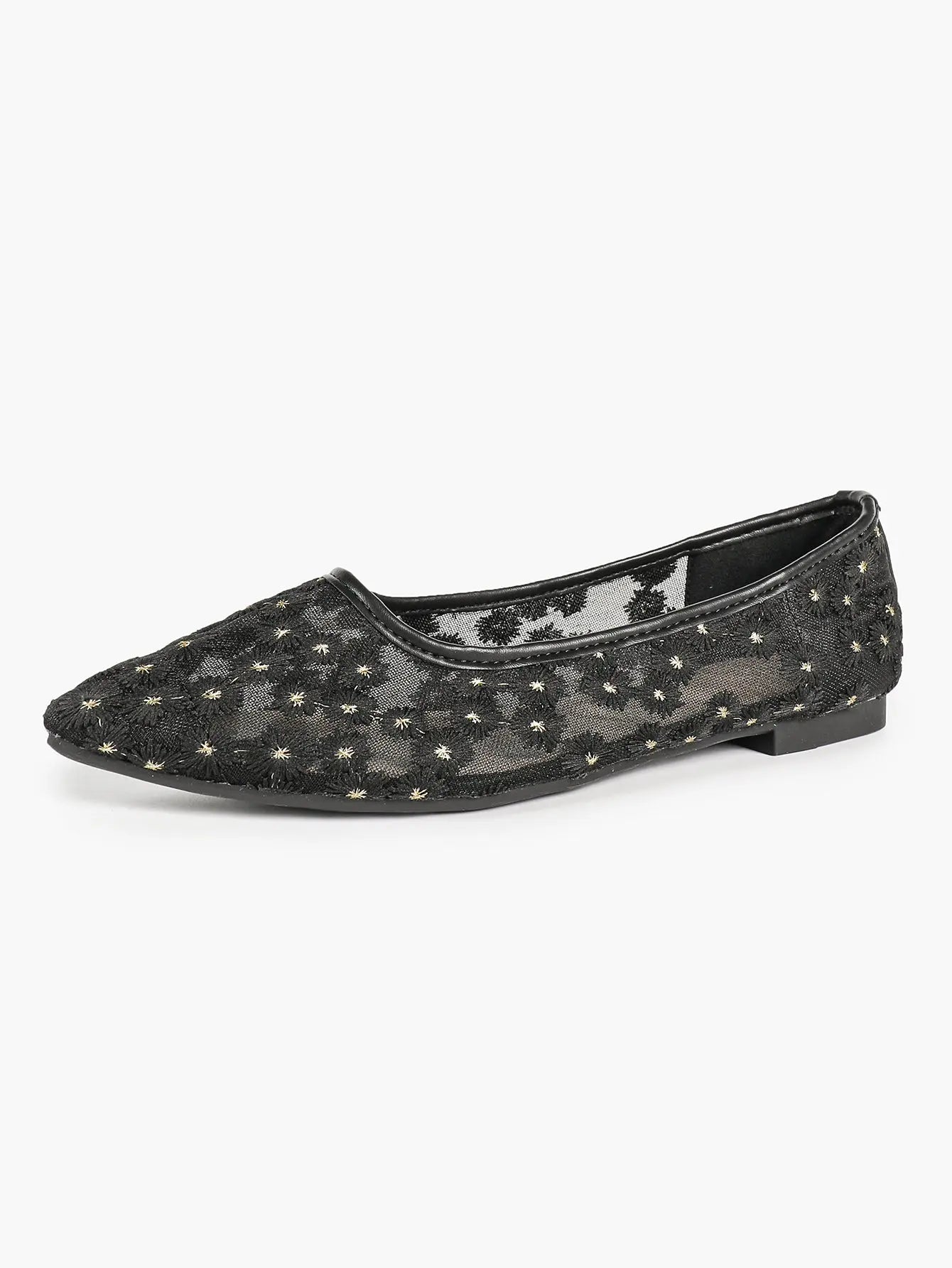 Black Floral Lace & Gold Star Embroidery Mesh Pointed Toe Flats – Women's Night-Sky Ballet Flat YISHIFAN