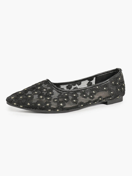 Black Floral Lace & Gold Star Embroidery Mesh Pointed Toe Flats – Women's Night-Sky Ballet Flat YISHIFAN