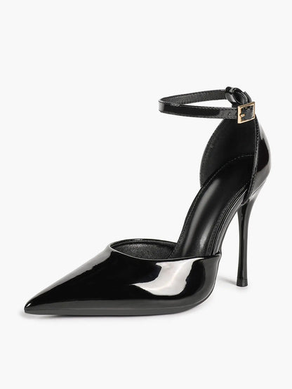"Noir Edge" Patent Leather Pointed-Toe Ankle Strap D'Orsay Stilettos YISHIFAN