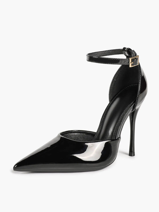 "Noir Edge" Patent Leather Pointed-Toe Ankle Strap D'Orsay Stilettos YISHIFAN
