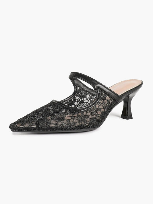 Black Floral Lace Mary Jane Kitten Heel Mules – Women's Pointed Toe Goblet Heel Slip-On YISHIFAN
