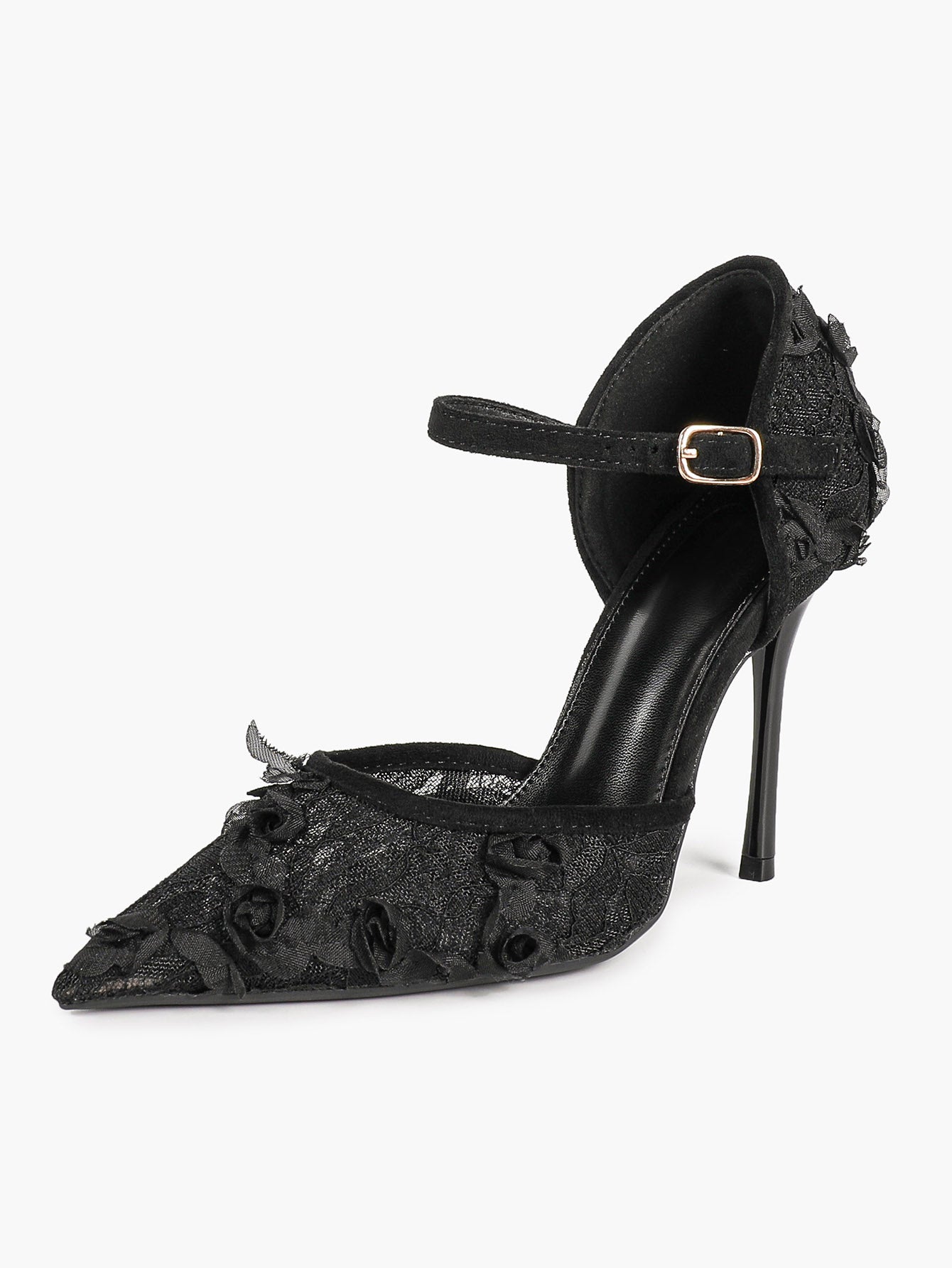Chic White 3D Lace Stiletto Pumps - Pointed Toe Ankle Strap Heels with Floral Appliqué