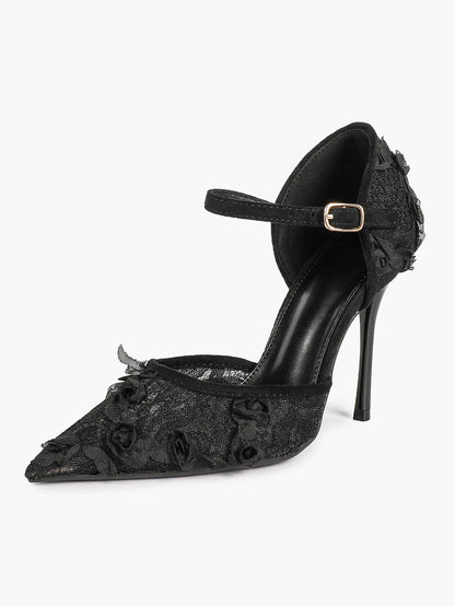 Chic White 3D Lace Stiletto Pumps - Pointed Toe Ankle Strap Heels with Floral Appliqué