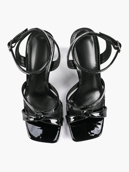 Women's Gold Leather Cross Strap Stiletto Heels 4.13 Inch Square Toe Ankle Strap Sandals YISHIFAN