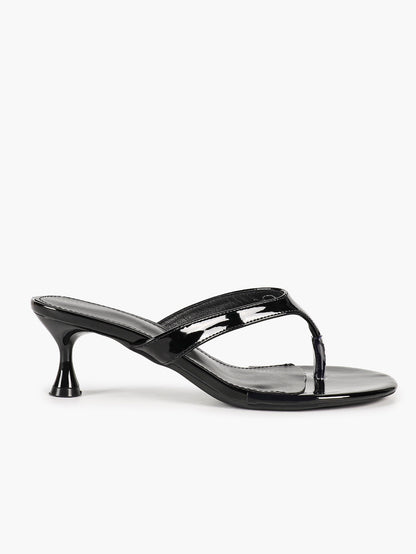 Black Patent Leather Thong Strap Stiletto Mules Backless Kitten Heels Party Date Shoes