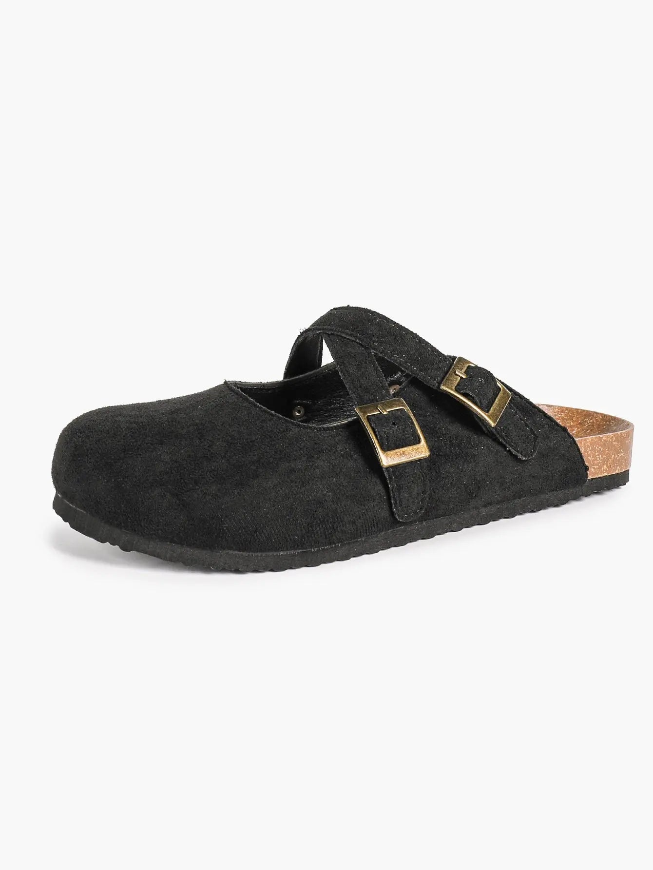 Black Suede Double Cross Strap Boston Clogs – Women's Cork Platform Closed Toe Mule with Antique Gold Buckles YISHIFAN