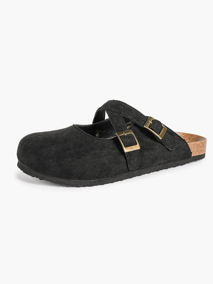 Black Suede Double Cross Strap Boston Clogs – Women's Cork Platform Closed Toe Mule with Antique Gold Buckles YISHIFAN