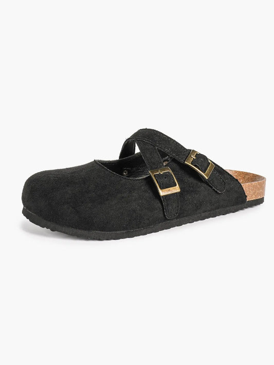 Black Suede Double Cross Strap Boston Clogs – Women's Cork Platform Closed Toe Mule with Antique Gold Buckles YISHIFAN