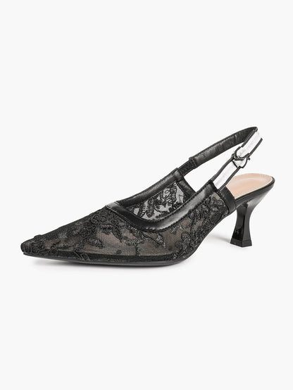 White Floral Embroidery Slingback Kitten Heels – Women's Pointed Toe Goblet Heel YISHIFAN